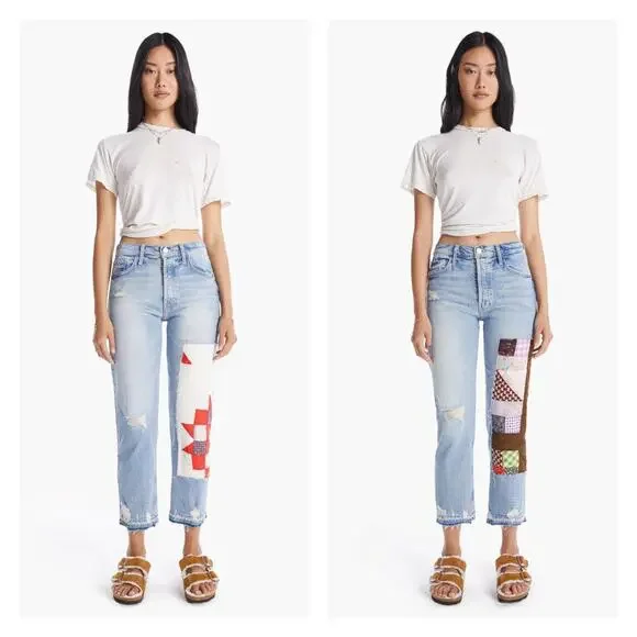 Mother x Carolyn Murphy Distressed Patchwork Tomcat Ankle Undone Jeans Size 27 - Picture 3 of 16